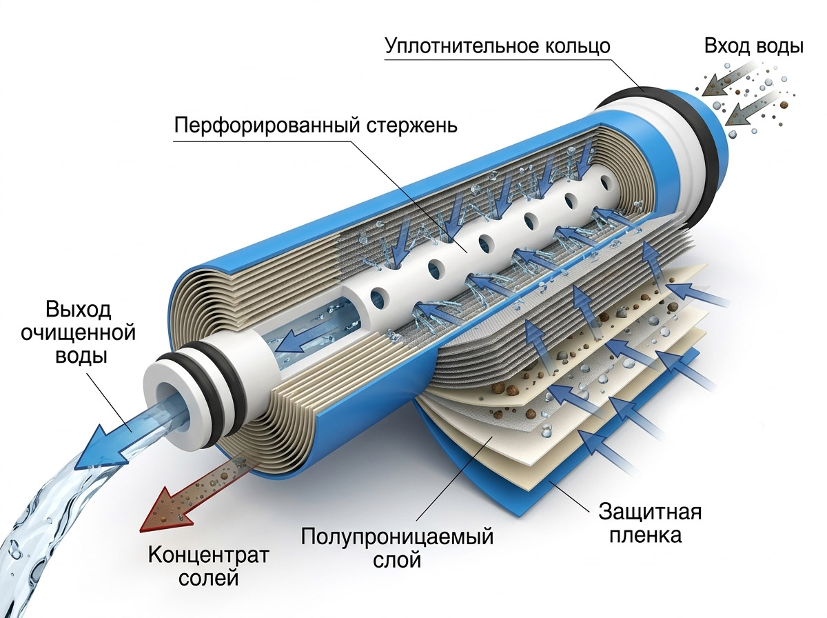 Что такое обратный осмос - 3D-схема мембраны, которая пропускает молекулы воды и задерживает соли и бактерии Экодар Что такое обратный осмос - 3D-схема мембраны, которая пропускает молекулы воды и задерживает соли и бактерии